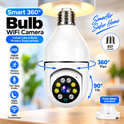 Smart 360° Rotated Bulb WiFi Security Camera HD 1080P – Wireless E27 Socket CCTV with Two-Way Audio, Motion Tracking, Infrared Night Vision & Indoor-Outdoor Use